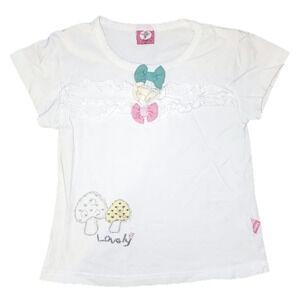White Short Sleeve Tee with Bows, Lace and Detail of Mushrooms and 'lovely'